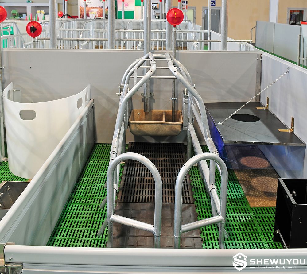 tiltable sow feeding trough in farrowing pen