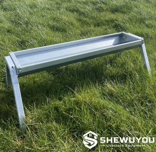 galvanized calf trough with splayed legs in pasture