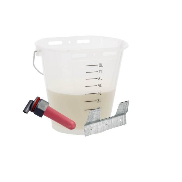 transparent calf feeding bucket with teat and mounting bracket
