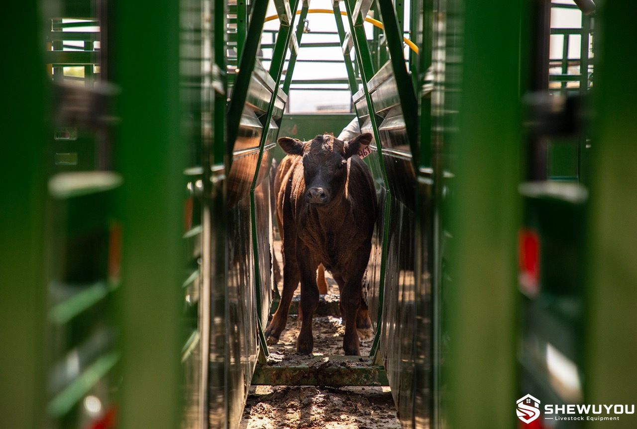 cattle moving through adjustable cradle-style alley