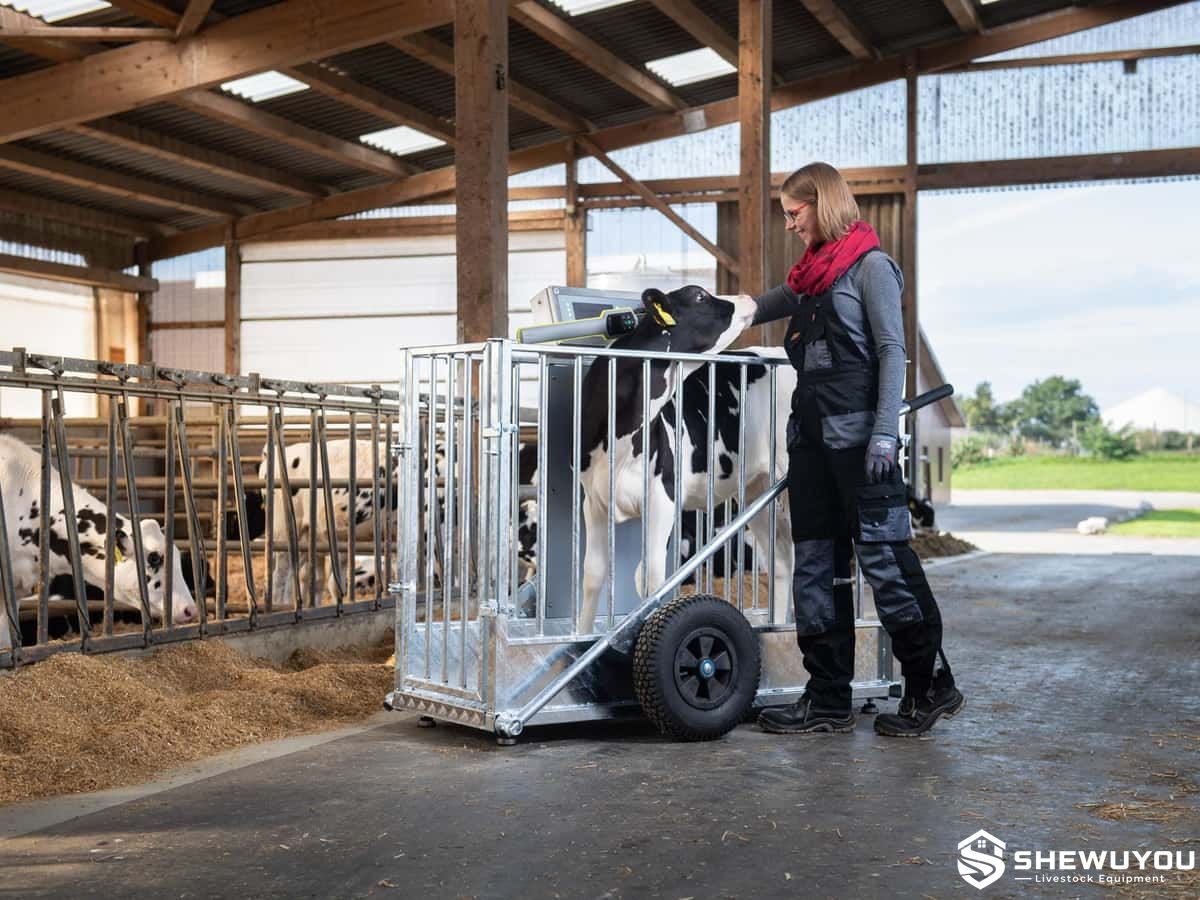 mobile electronic calf weighing scale in dairy barn