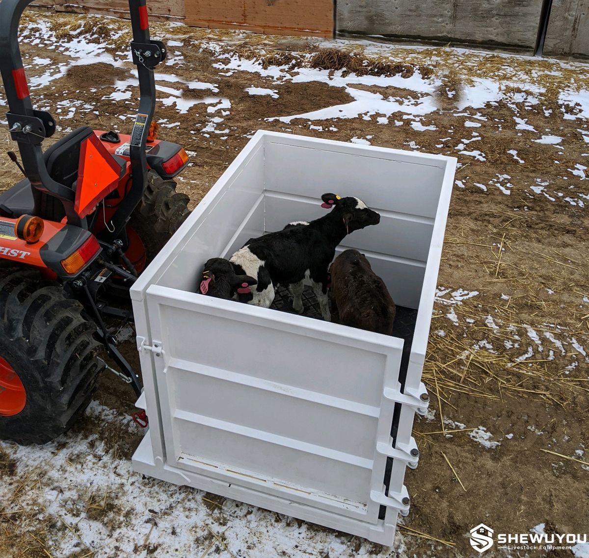group calf transport carrier used with farm loader