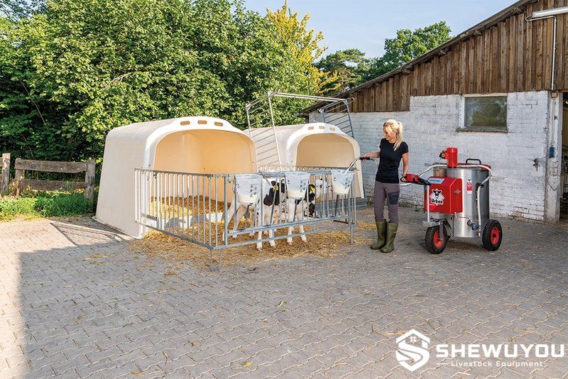 mobile calf milk shuttle beside calf hutches