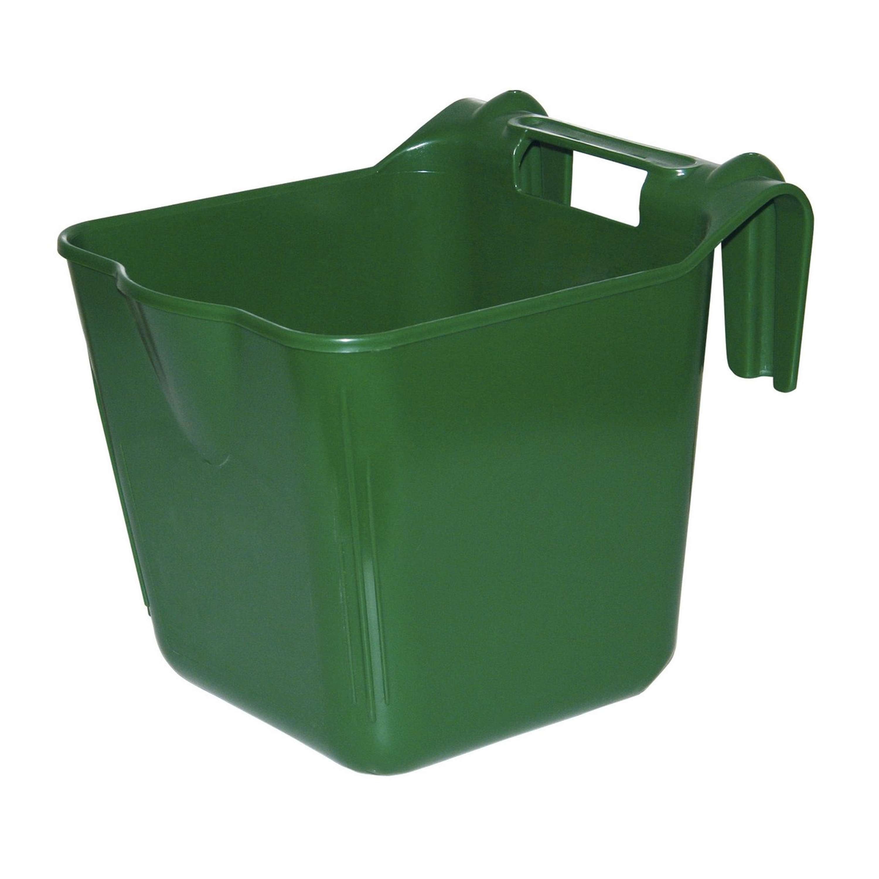 green plastic hanging goat feed trough