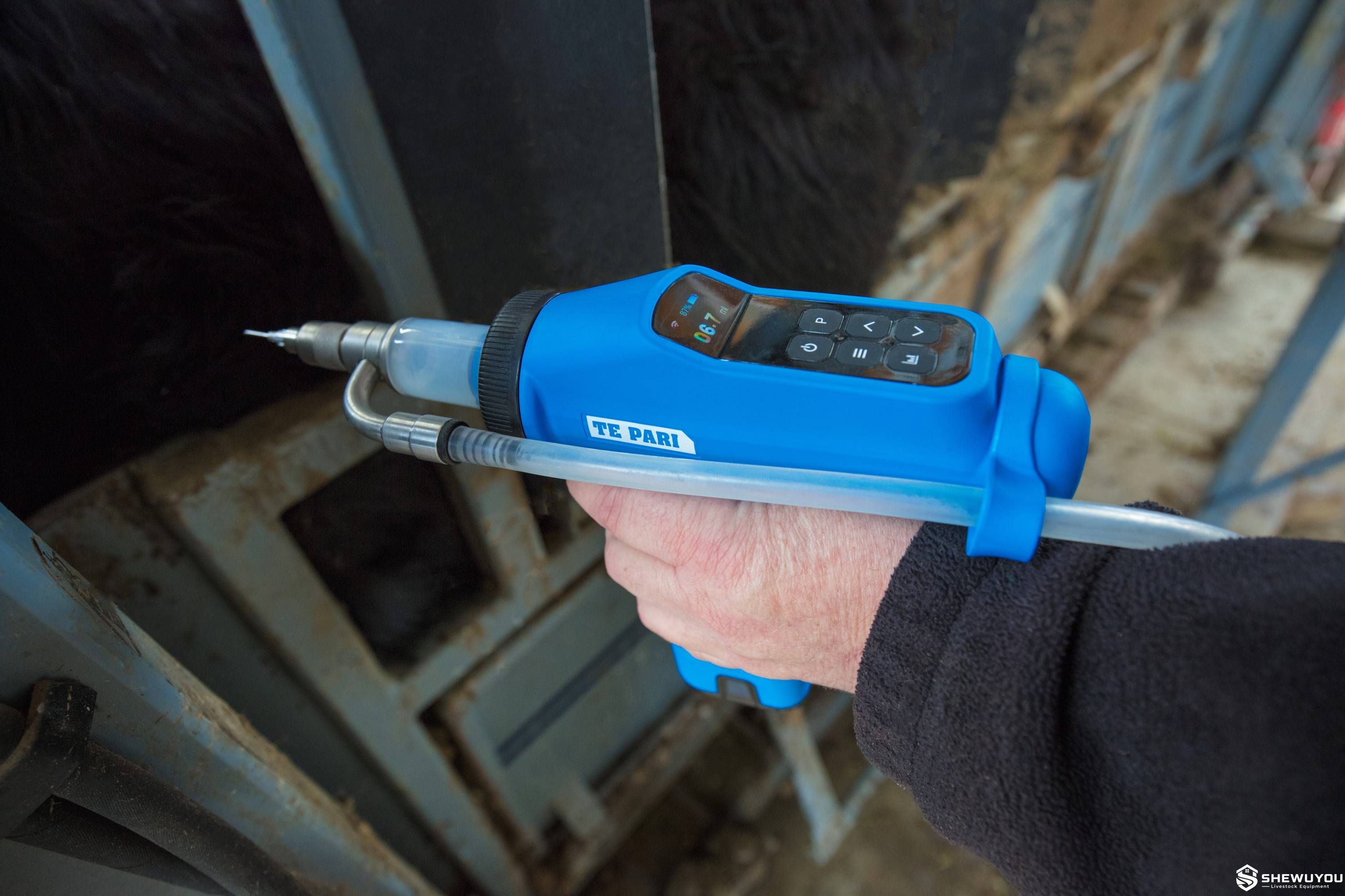 Powered cattle dosing gun with digital control panel