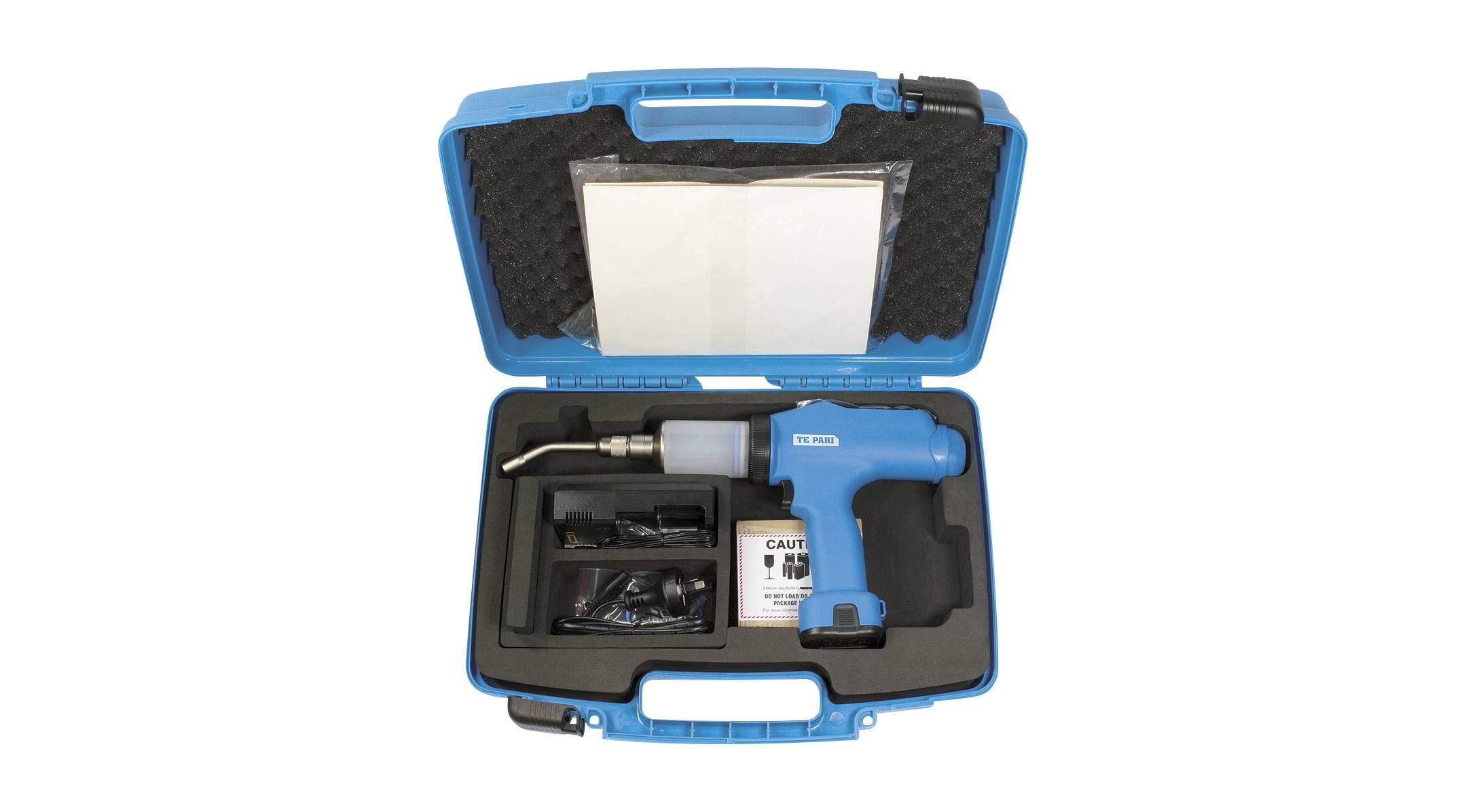 Battery powered dosing gun kit with livestock treatment accessories