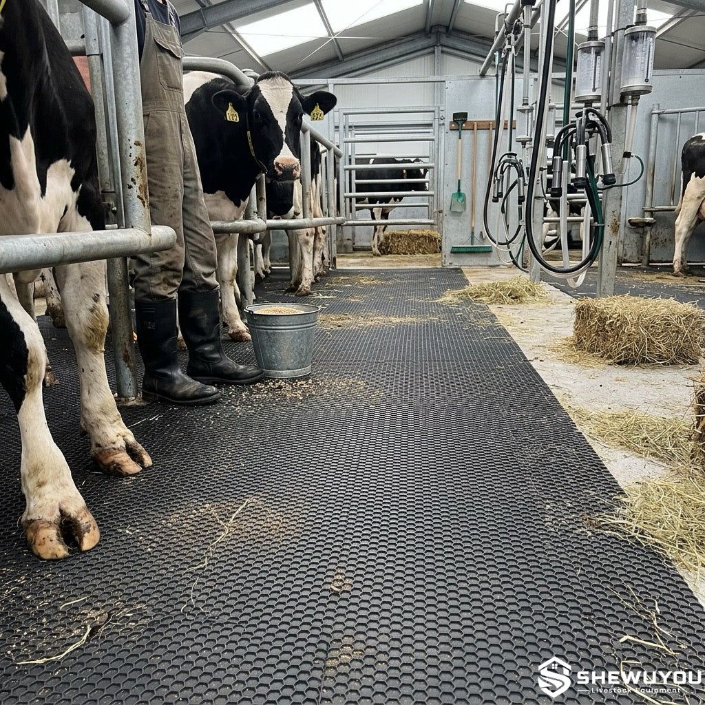 Anti-slip rubber cattle mat in livestock handling area