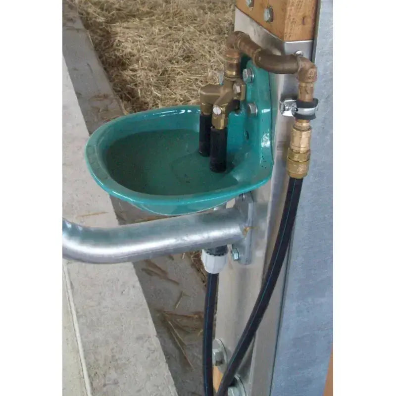 Double valve cattle drinking bowl for livestock barn installation