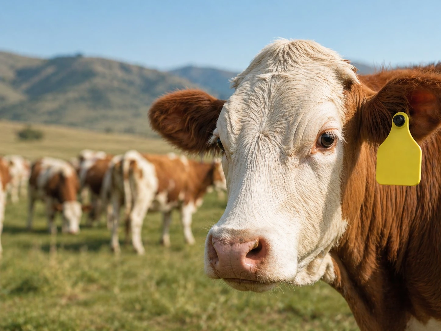Cattle electronic identification ear tag in pasture
