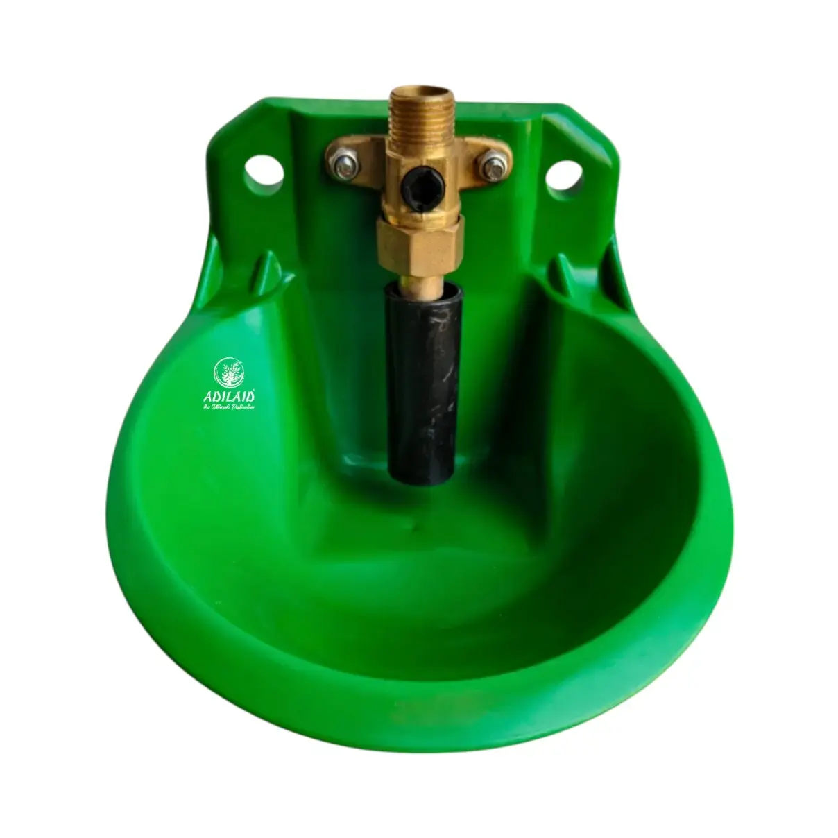 green plastic livestock drinking bowl with brass valve
