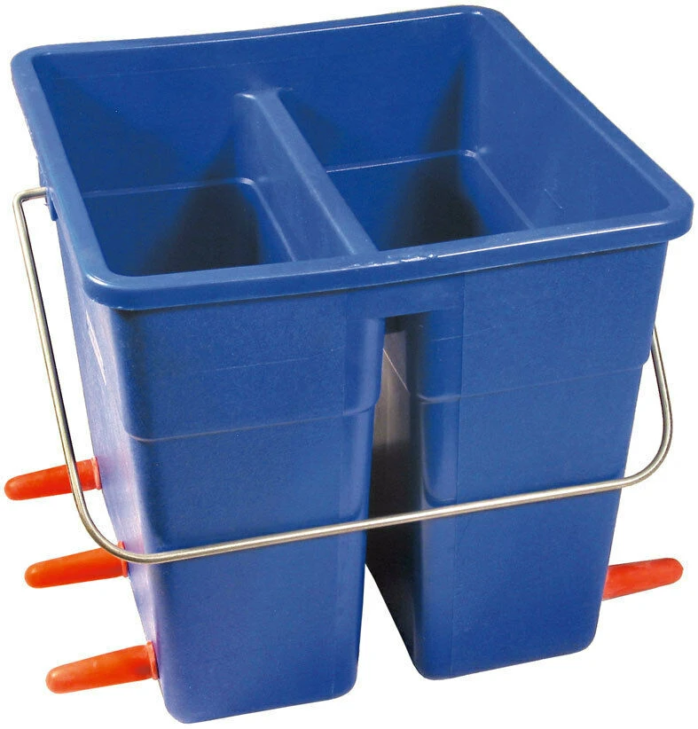 blue dual-compartment lamb milk feeding bucket