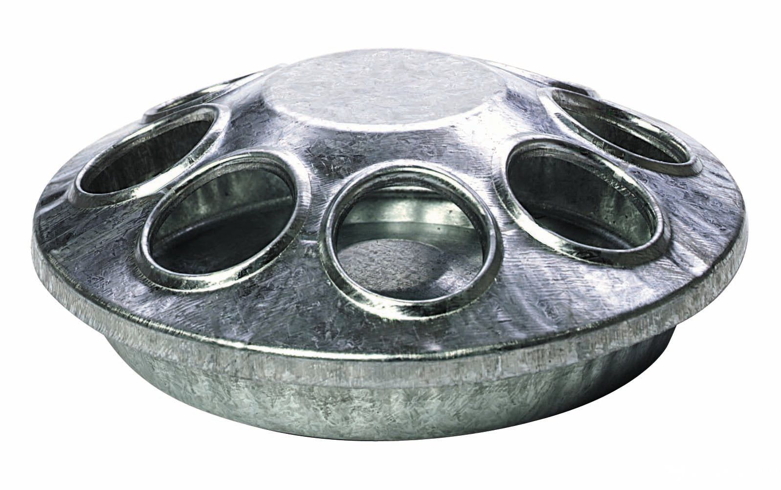 round galvanized chick feeder with eight feeding holes