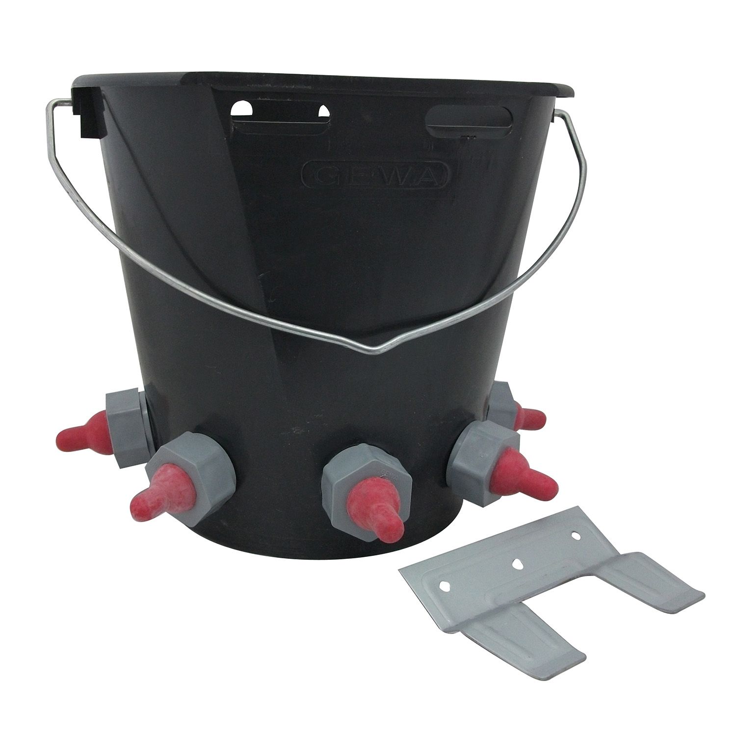 lamb feeding bucket with five rubber teats and mounting bracket