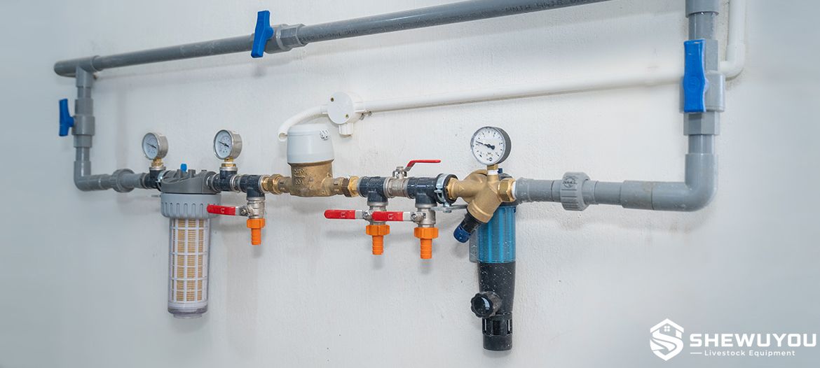 poultry main water connection unit with filter water meter and pressure regulator
