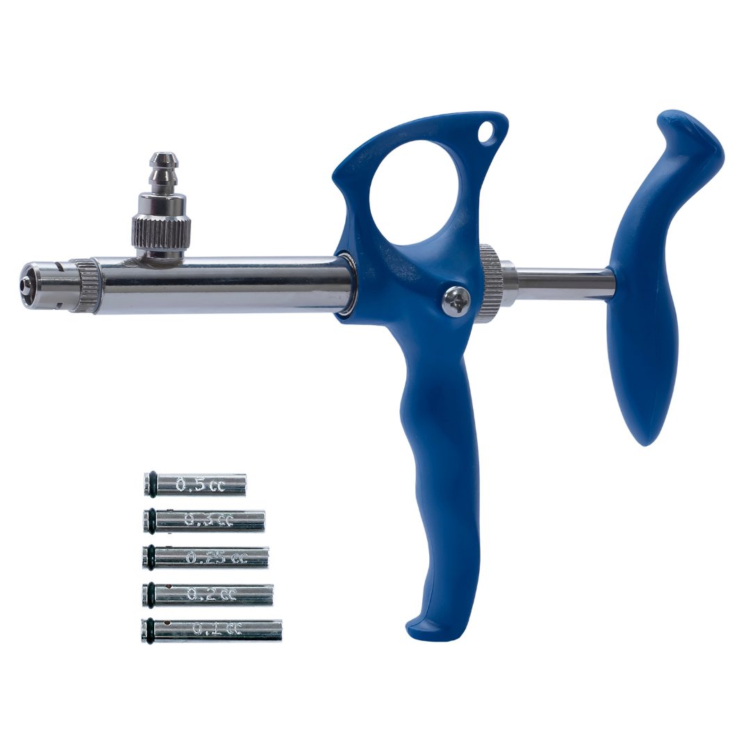 fixed dose poultry vaccinator with interchangeable pistons