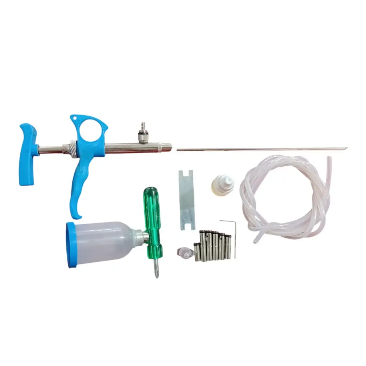 Poultry vaccination syringe kit with hose and accessories
